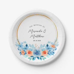 Spring Watercolor Blue Orange Florals Gold Wedding Paper Plates