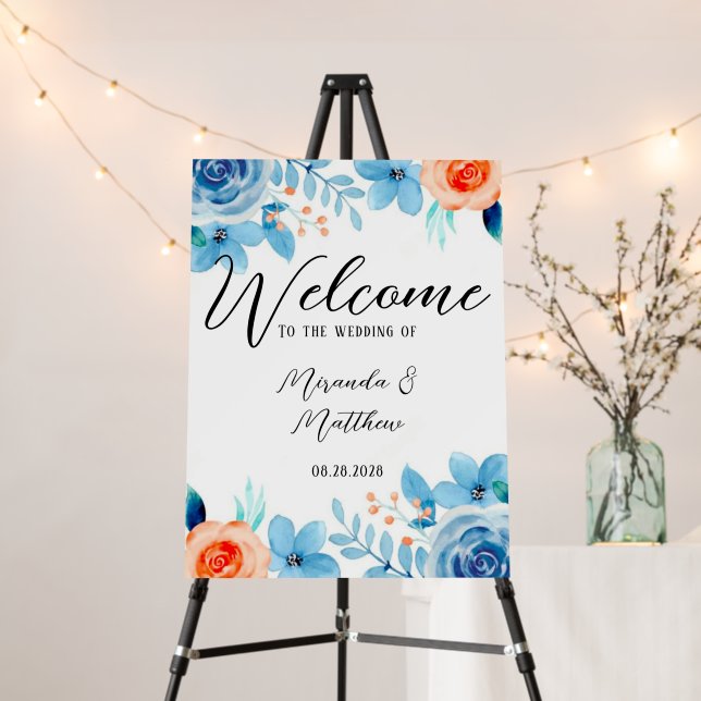 Spring Watercolor Blue Orange Florals Gold Welcome Foam Board (In Situ (Stand))