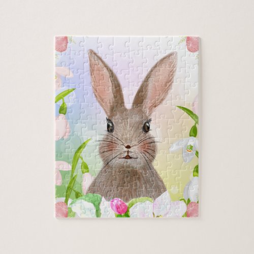Spring Watercolor Bunny Rabbit Flowers Puzzle