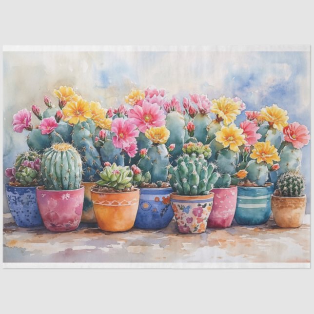 Spring Watercolor Cactus and Flowers Decoupage Tissue Paper (Front)