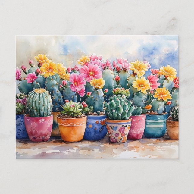 Spring Watercolor Cactus and Flowers Postcard (Front)
