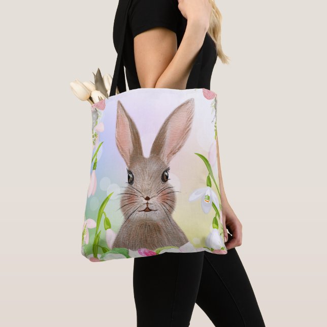 Spring Watercolor Cute Bunny Rabbit Tote Bag (Close Up)