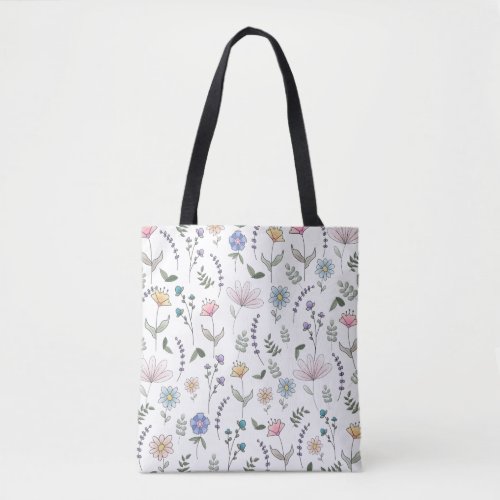 Spring Watercolor Doodle Flowers Tote Bag