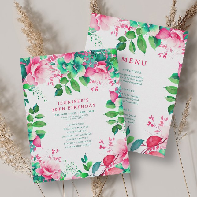Spring Watercolor Floral 30 Birthday Program Menu  (Spring Watercolor Floral 30 Birthday Program Menu)