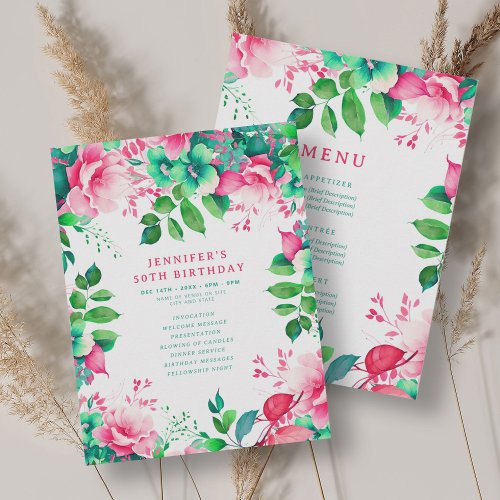 Spring Watercolor Floral 50 Birthday Program Menu