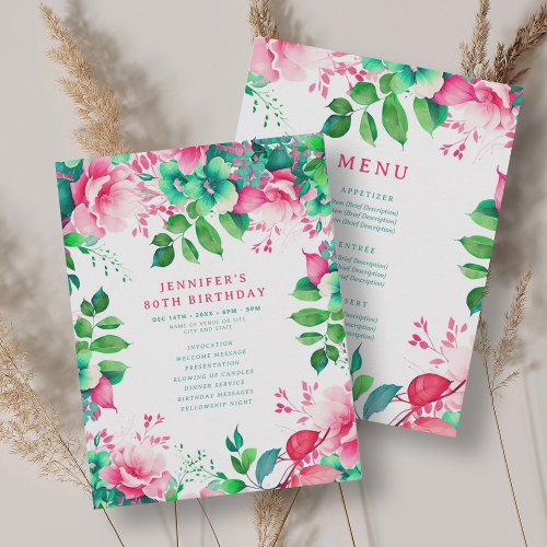 Spring Watercolor Floral 80 Birthday Program Menu