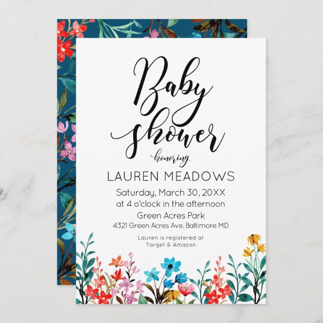 Spring Watercolor Floral Baby Shower Invitation (Front/Back)