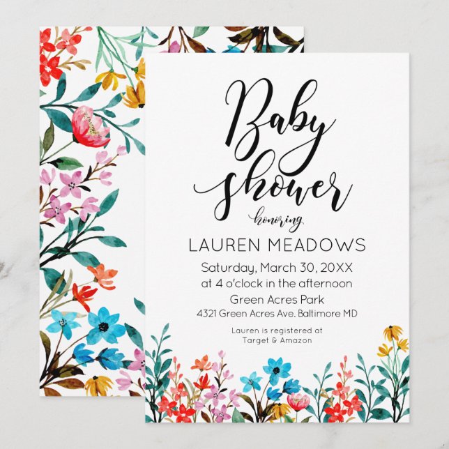 Spring Watercolor Floral Baby Shower Invitation (Front/Back)