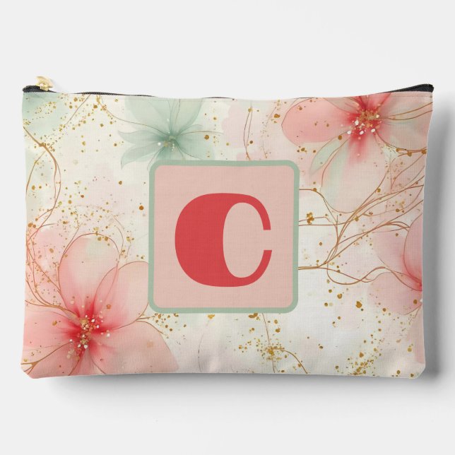 Spring Watercolor Floral Garden Monogram  Accessory Pouch (Front)