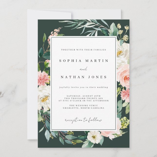 Spring Watercolor Floral Green Blush Wedding  Invitation (Front)