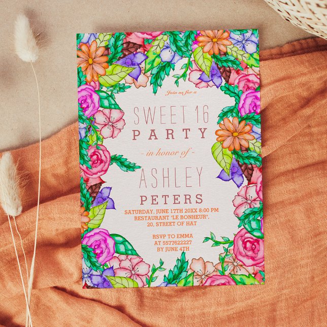 Spring watercolor floral hand painted Sweet 16 Invitation (Spring watercolor floral hand painted Sweet 16 Invitation)
