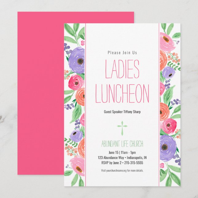 Spring Watercolor Floral Ladies Church Luncheon Invitation (Front/Back)