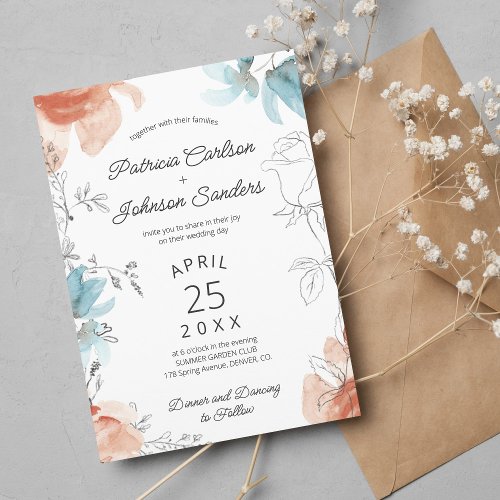 Spring watercolor floral pastel elegant wedding invitation