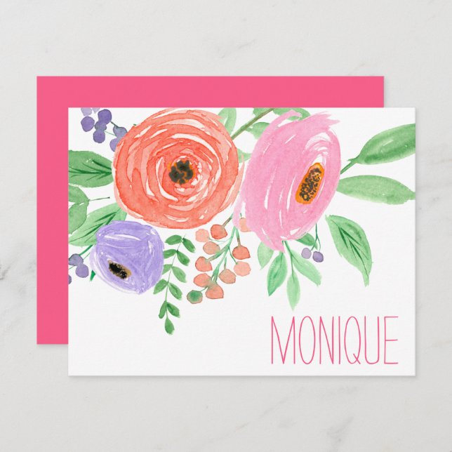Spring Watercolor Floral Personalized Note Card (Front/Back)
