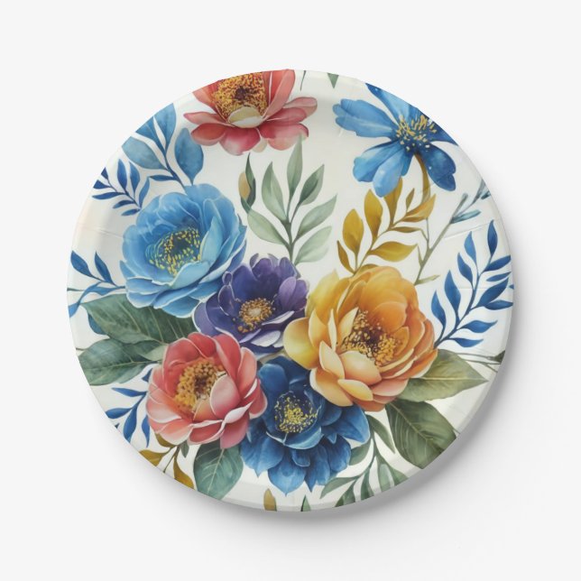 Spring Watercolor Floral Print Paper Plates (Front)