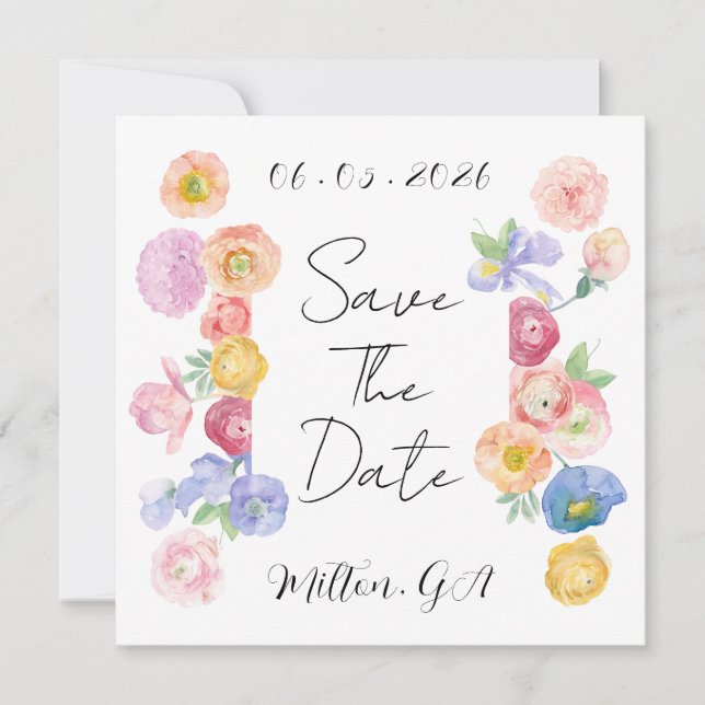 Spring Watercolor Floral Save The Date Card (Front)