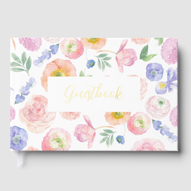 Spring Watercolor Floral Wedding Foil Guest Book (Front)
