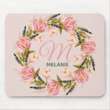 Spring watercolor floral wreath monogram mouse pad