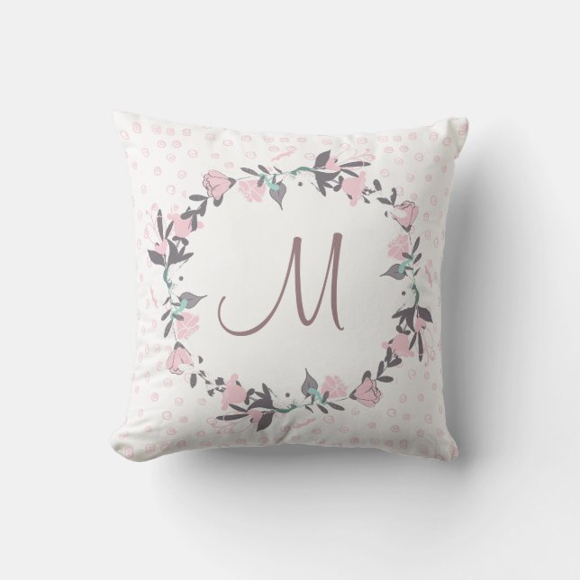 spring watercolor floral wreath monogram throw pillow (Front)