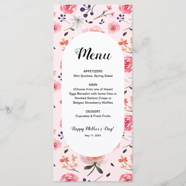Spring Watercolor flowers Mother's Day Menu (Front)