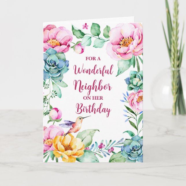 Spring Watercolor Flowers Neighbor Birthday Card (Front)