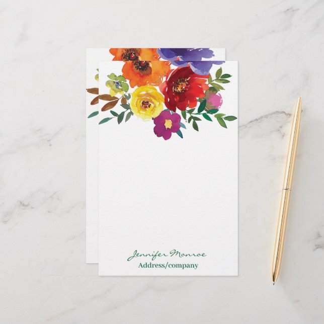 Spring watercolor flowers personalized stationery (Front/Back In Situ)