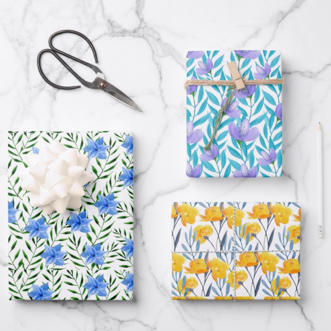 Spring Watercolor Flowers Wrapping Paper Sheets (Front)