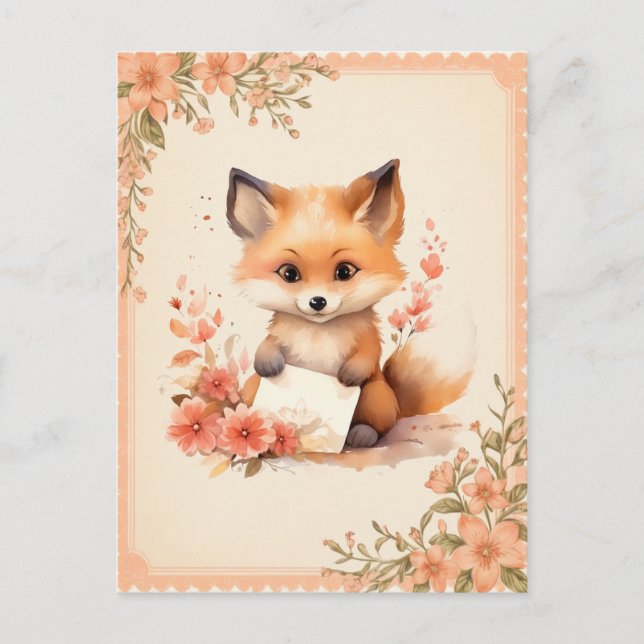 Spring Watercolor Fox holding a letter -  Postcard (Front)