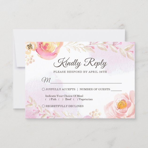 Spring Watercolor Girly Pink & Gold Wedding RSVP
