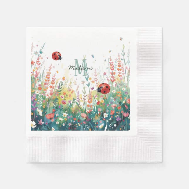 Spring Watercolor ladybug Floral Monogram Wildflow Napkins (Front)