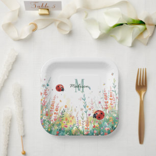 Spring Watercolor ladybug Floral Monogram Wildflow Paper Plates