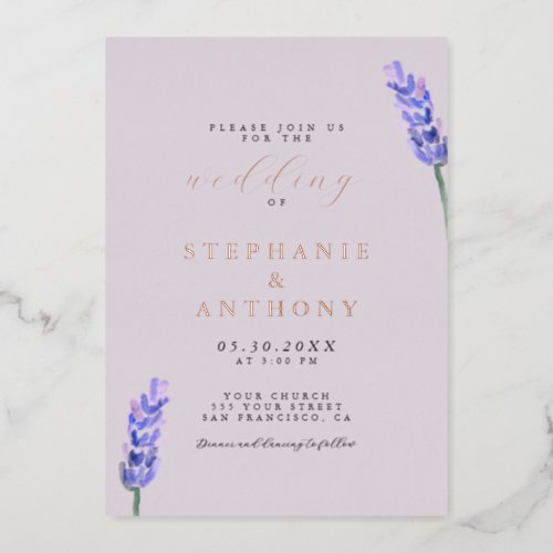 Spring Watercolor Lavender Floral  Wedding Foil Invitation