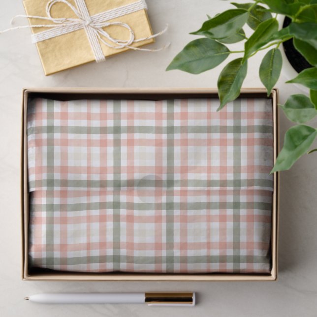 Spring Watercolor Pastel Peach Green Plaid Tissue Paper (Creator Uploaded)