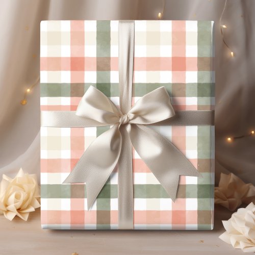 Spring Watercolor Pastel Peach Green Plaid Wrapping Paper