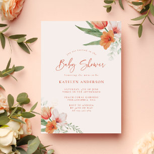 Spring Watercolor Peach Floral Girl Baby Shower Invitation