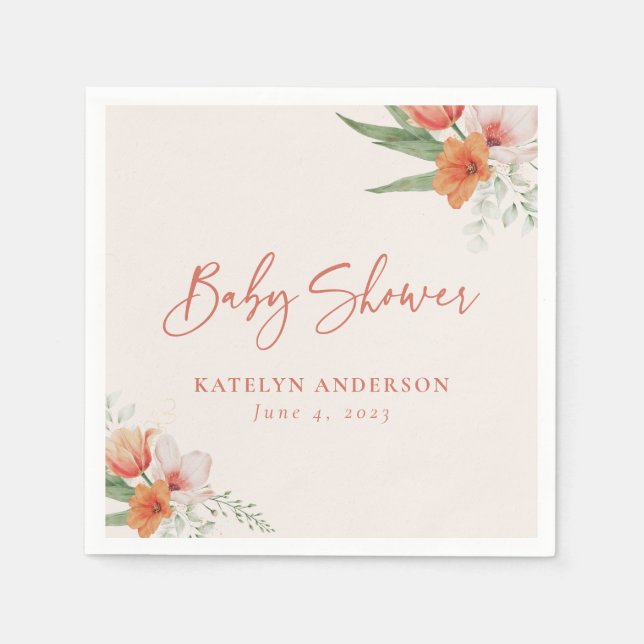Spring Watercolor Peach Floral Girl Baby Shower Napkins (Front)