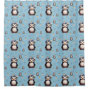 Spring Watercolor Penguins with Flowers in Blue Shower Curtain