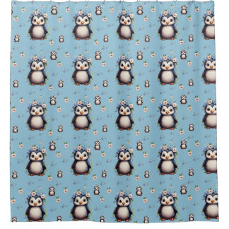 Spring Watercolor Penguins with Flowers in Blue Shower Curtain