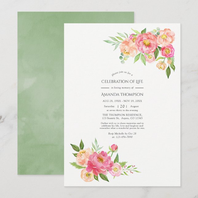 Spring Watercolor Peonies Celebration of Life Invitation (Front/Back)