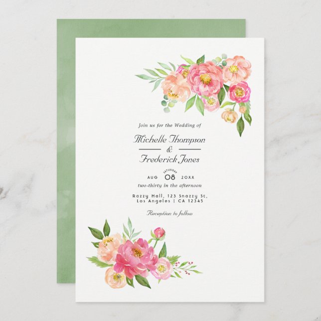 Spring Watercolor Peonies QR Code RSVP Wedding Invitation (Front/Back)