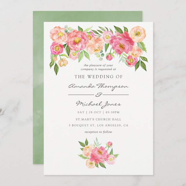 Spring Watercolor Peonies Wedding Invitation (Front/Back)