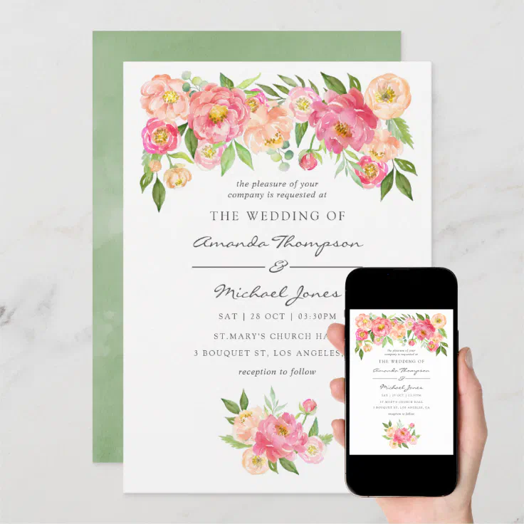 Spring Watercolor Peonies Wedding Invitation | Zazzle