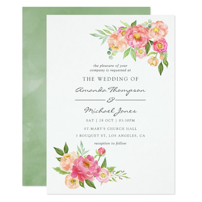 Spring Watercolor Peonies Wedding Invitation