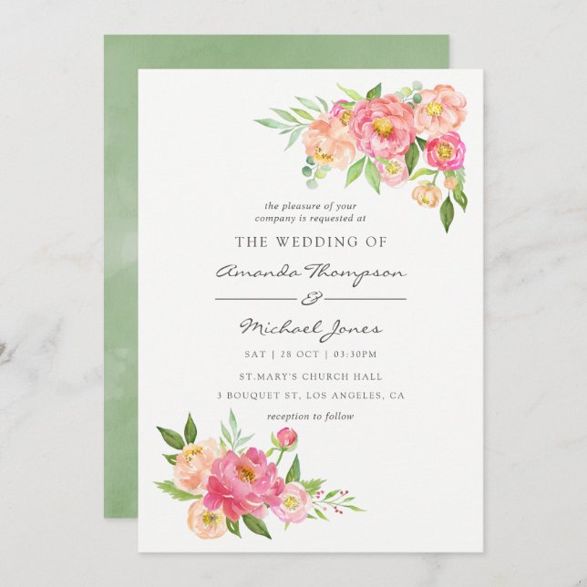 Spring Watercolor Peonies Wedding Invitation (Front/Back)