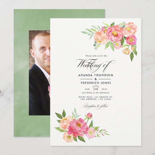 Spring Watercolor Peonies Wedding Photo Invitation (Front/Back)