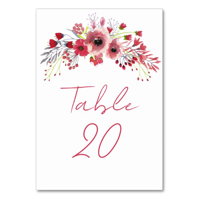 Spring Watercolor Poppy Red Flowers Wedding Table Number (Front)