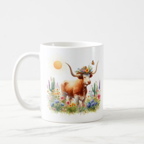 Spring Watercolor Texas Longhorn  Coffee Mug