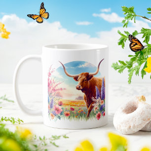 Spring Watercolor Texas Longhorn  Coffee Mug