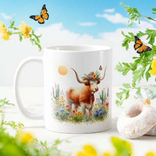 Spring Watercolor Texas Longhorn Coffee Mug