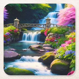 Spring Waterfall 1 Square Paper Coaster